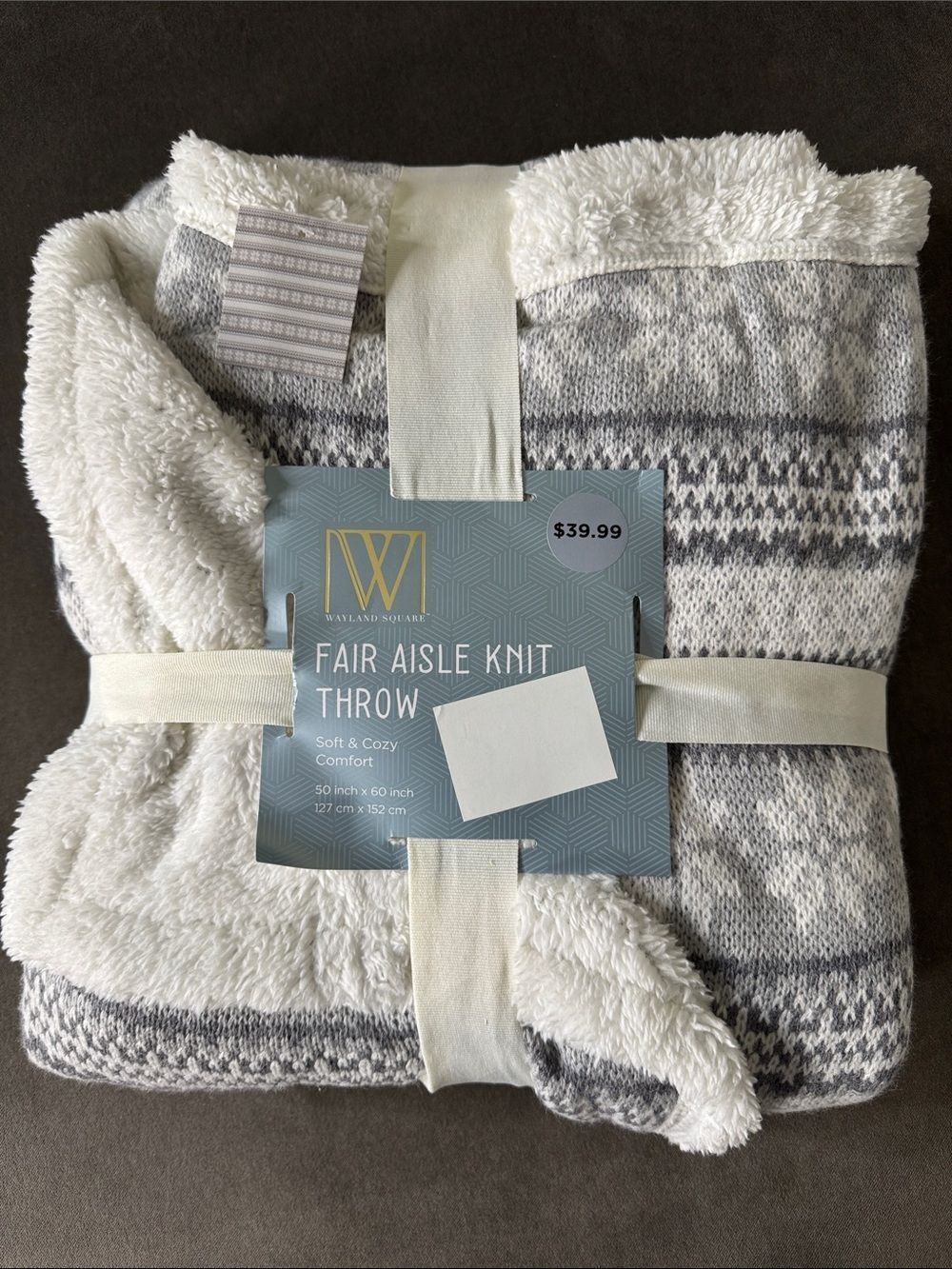 Wayland Square Fair Aisle Knit Throw Blanket Gray & White Faux Fur 50x60” NEW